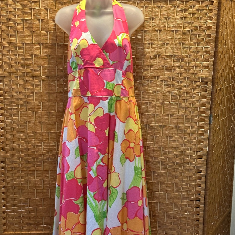 Lilly Pulitzer Halter Neckline Pink and Orange Floral Midi Dress